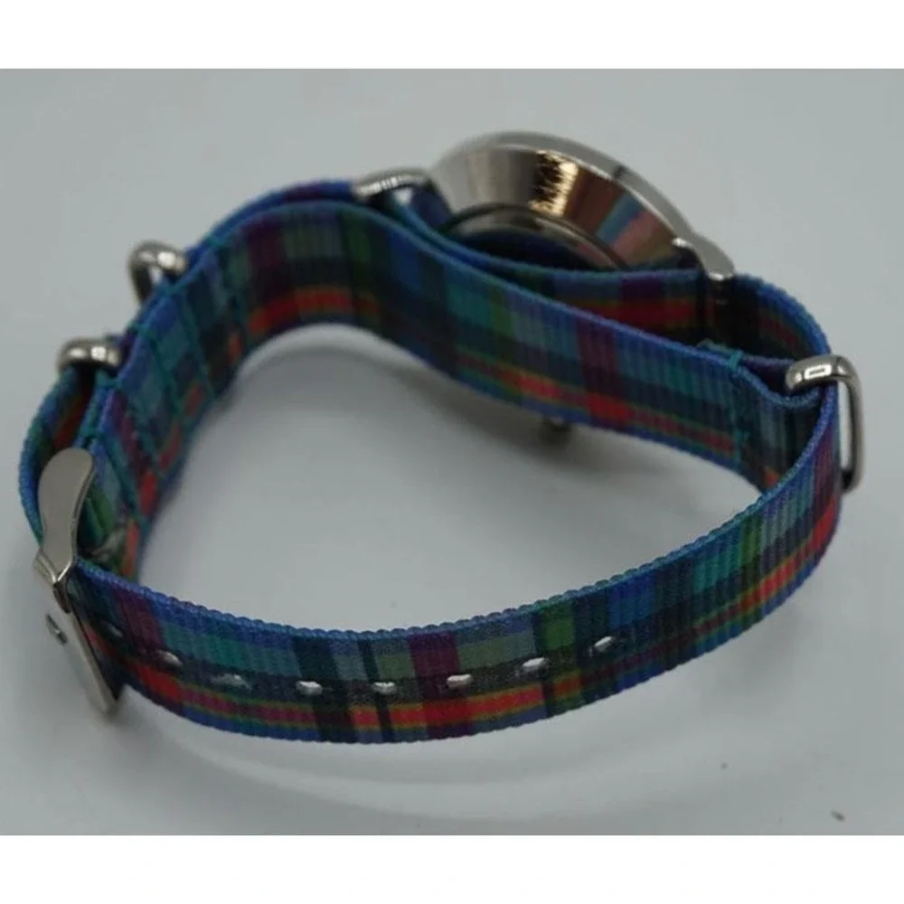Isaac Mizrahi Live Ladies Analog Quartz Watch Silver Dial Plaid Nylon Strap 38mm